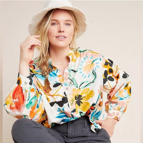 Anthropologie Crisanta Floral Poplin Print Size XL Buttondown Cotton Boho Travel - Picture 1 of 10